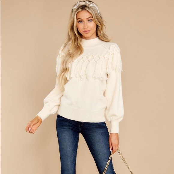 Red Dress Boutique Sweaters - Cherry Tunes Cream Fringe Sweater